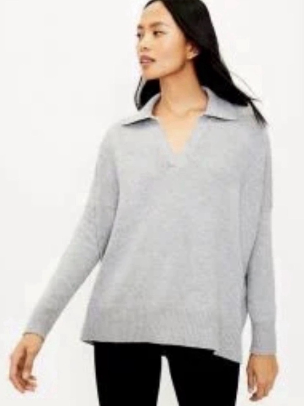 Loft Light Gray V-Neck Collared Women's Sweater